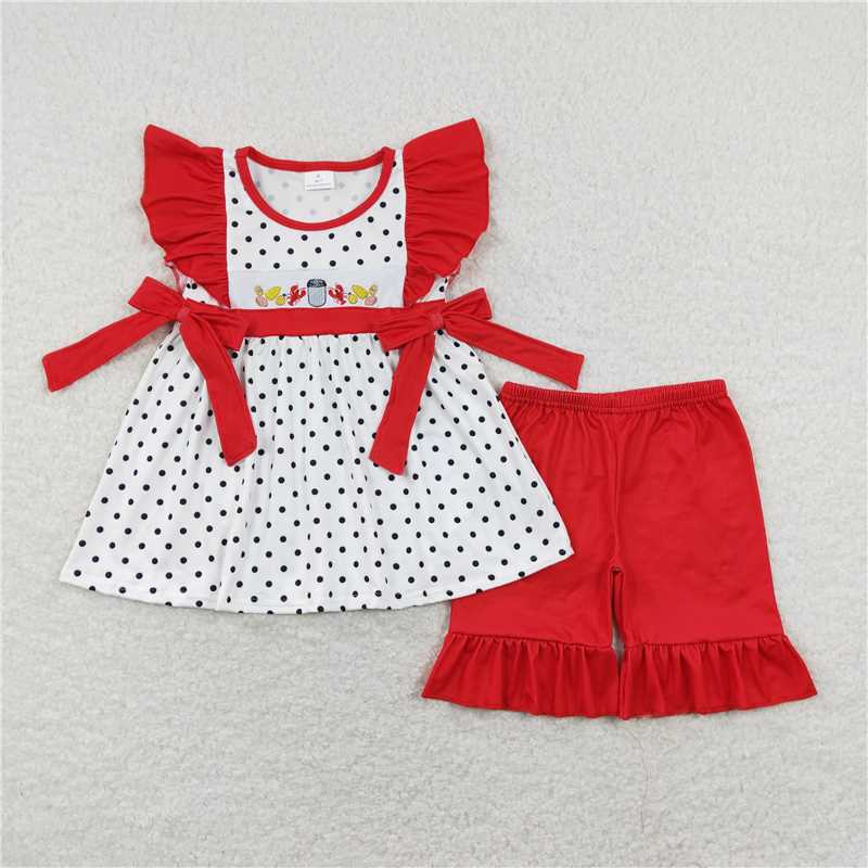 4.26 RTS NO MOQ Girls Polka Dots Crawfish Tunic Ruffle Shorts Outfit Set Cute Feminine Style Children's Clothing Set