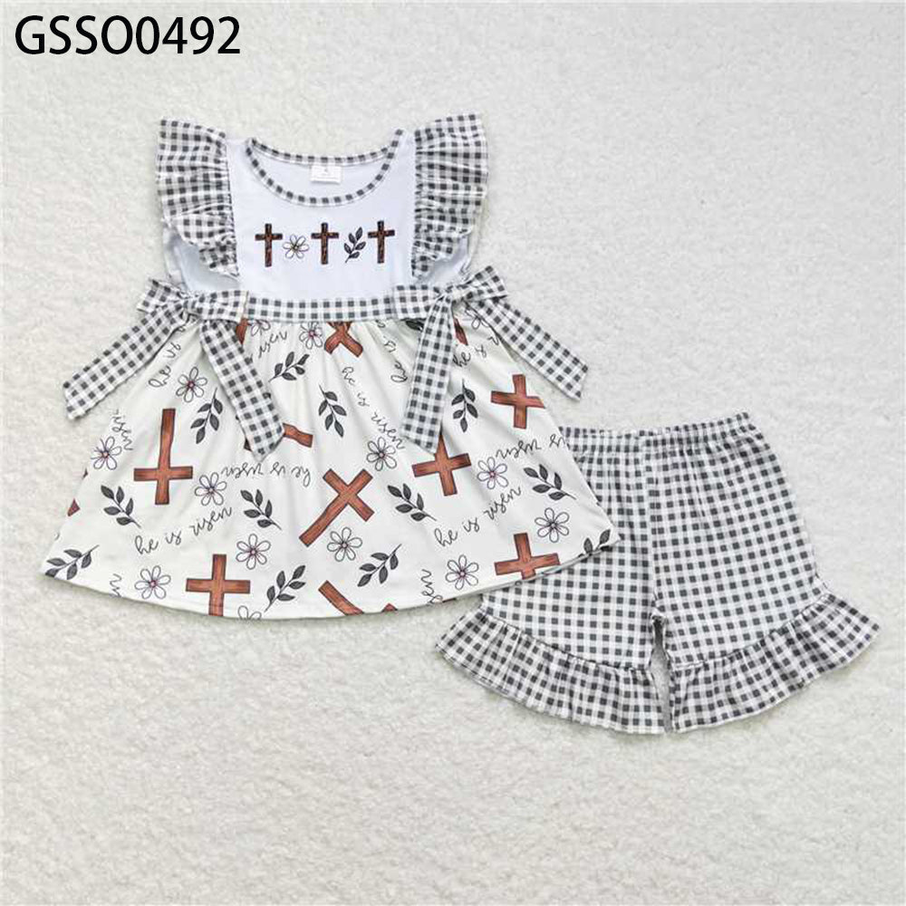 GSSO0492New Rts No Moq 8-9 Days By Air Arrived it Cross floral tunic plaid shorts girls easter outfits