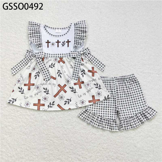 GSSO0492New Rts No Moq 8-9 Days By Air Arrived it Cross floral tunic plaid shorts girls easter outfits