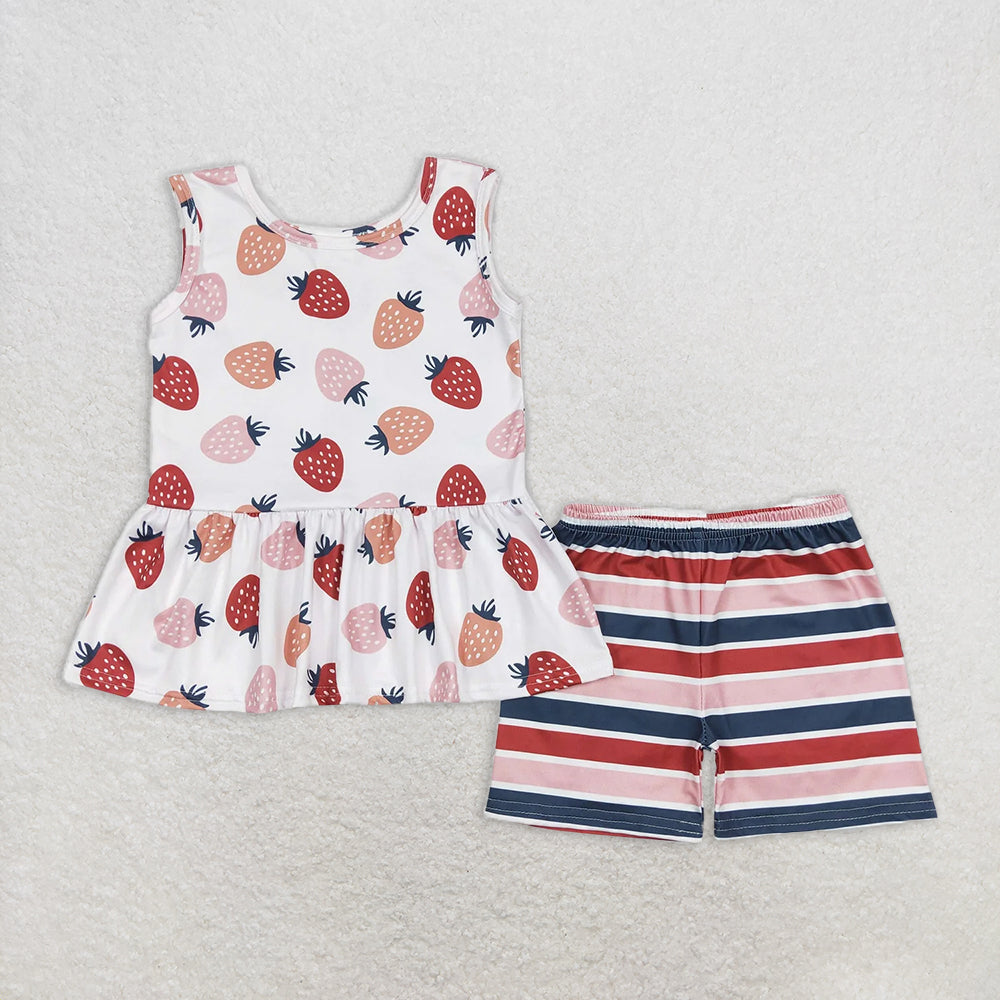 GSSO0505 RTS NO MOQ Baby Girls Summer Outfits Strawberry Beige Sleeveless Striped Shorts Set