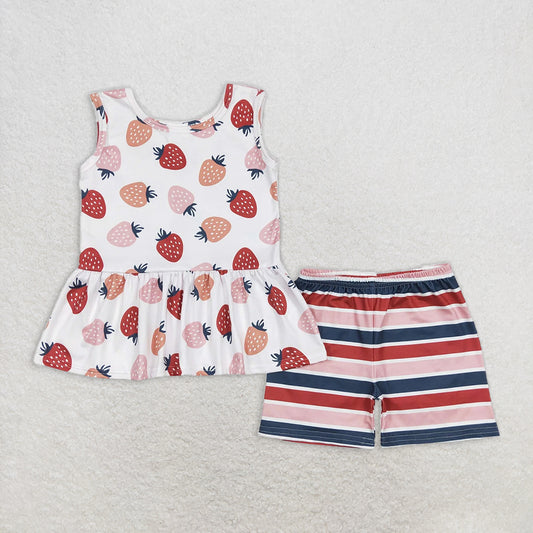 GSSO0505 RTS NO MOQ Baby Girls Summer Outfits Strawberry Beige Sleeveless Striped Shorts Set