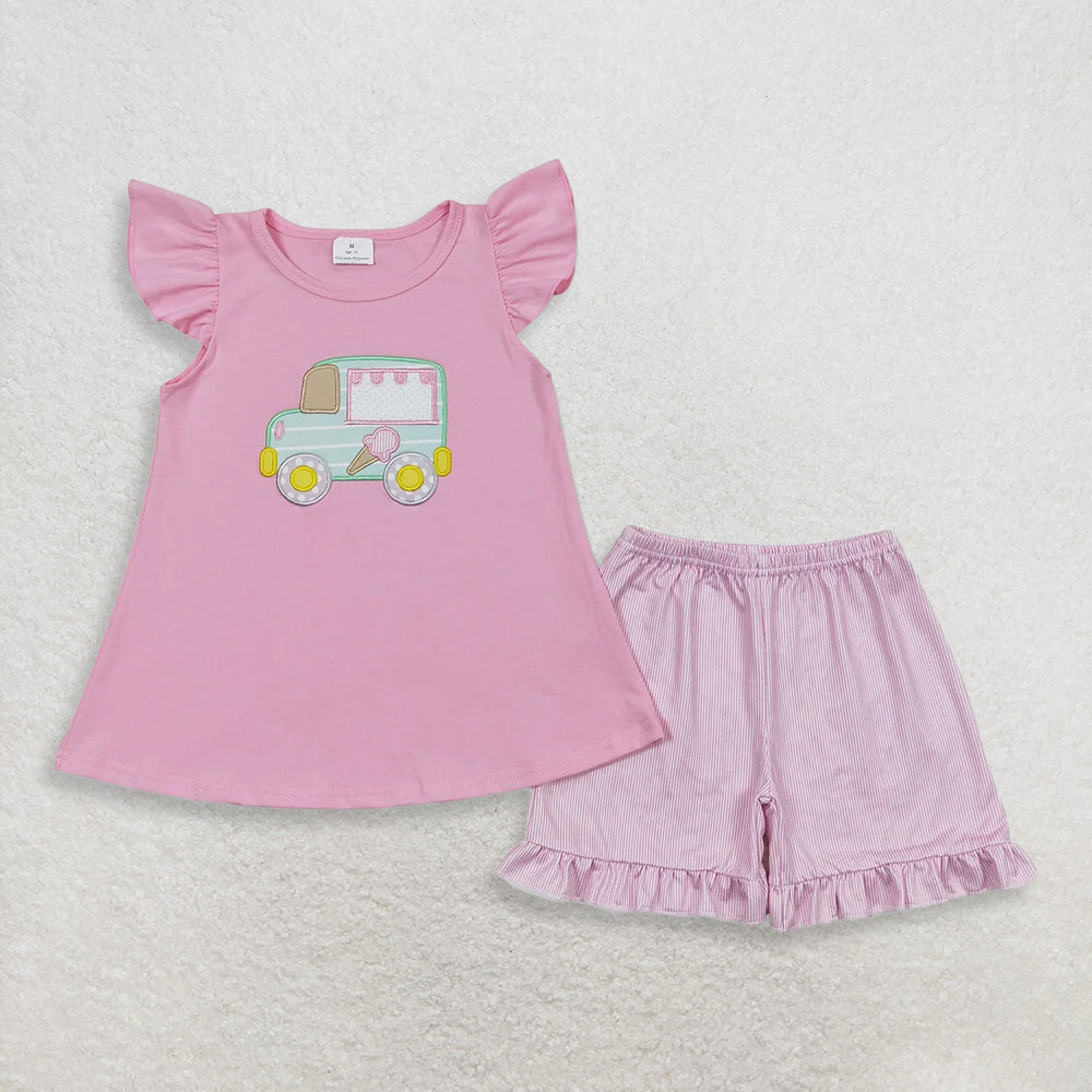 RTS NO MOQ （In stock ）Pink ice cream top ruffle shorts girls summer clothes
