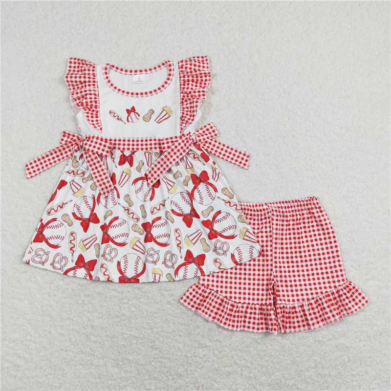4.26 RTS NO MOQGirls Red Plaid Baseball Tunic And Shorts Set Cute Preppy Outfit for Kids Ages 2-12 Years Old