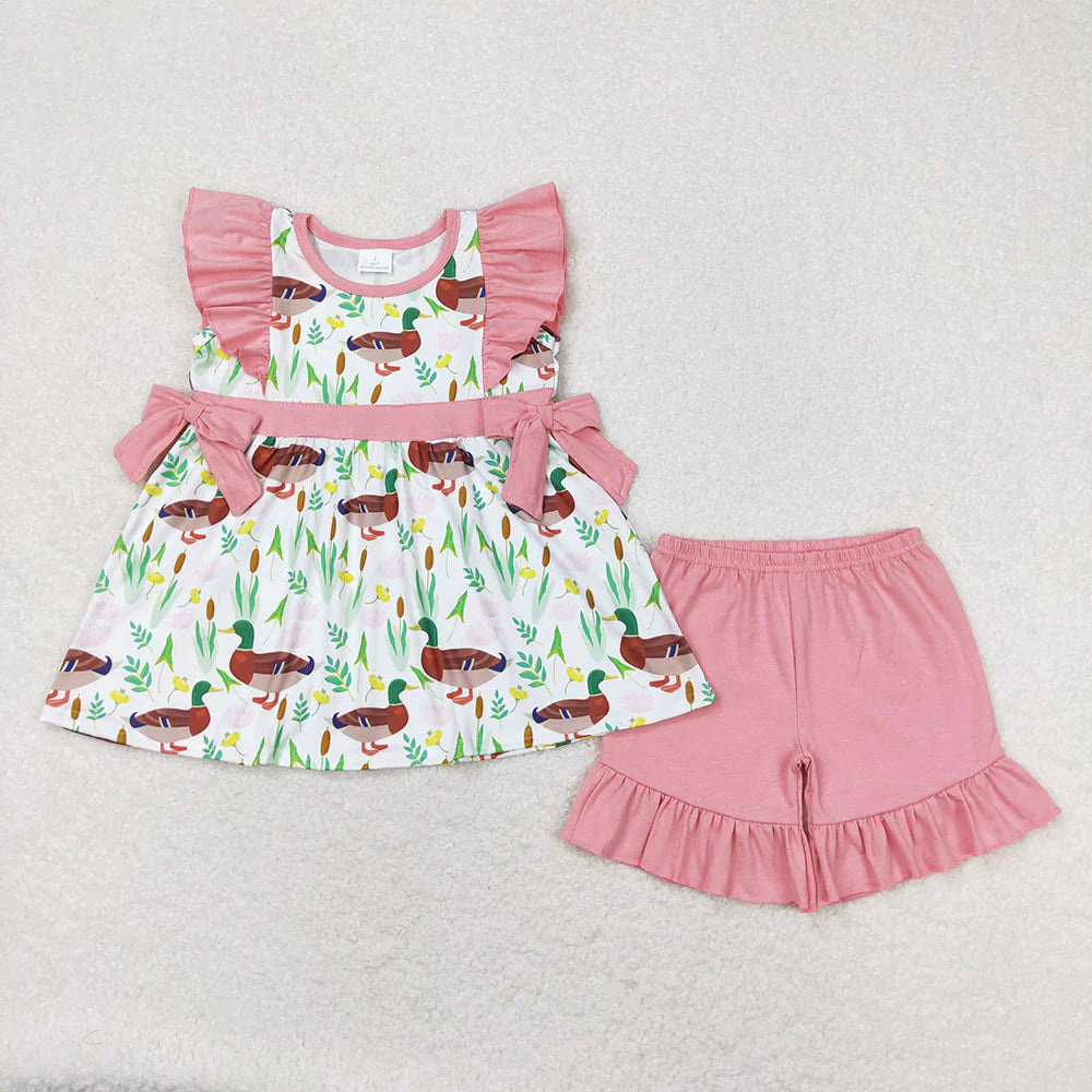 12.22 RTS Sibling Baby Girls Pink Short Ruffle Sleeve Flowers Ducks Top Short Pants Pajamas Clothes Sets
