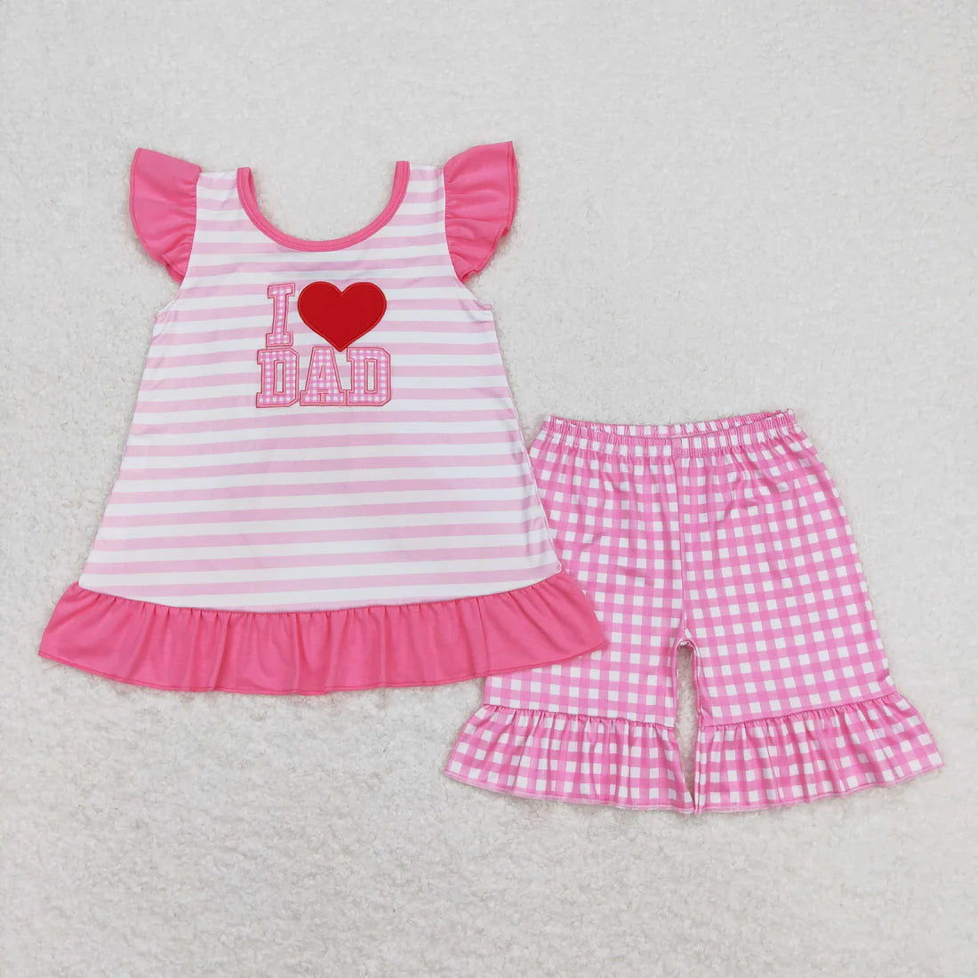 10.4 RTS Sibling Baby Girls Embroidery I Love Dad Top Ruffle Shorts Clothes Set