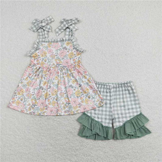 GSSO0565Girls Plaid Suspender Tunic with Floral Ruffle Shorts Set Cute Preemie to 14T Size Matching Family Outfit Option