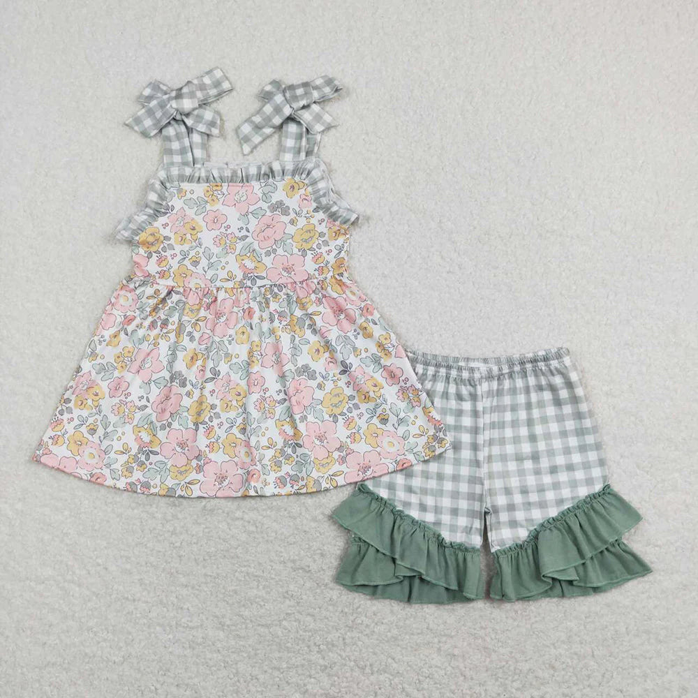 12.27 RTS Sibling Baby Girls Spring Green Pink Flowers Rompers Clothes Suits