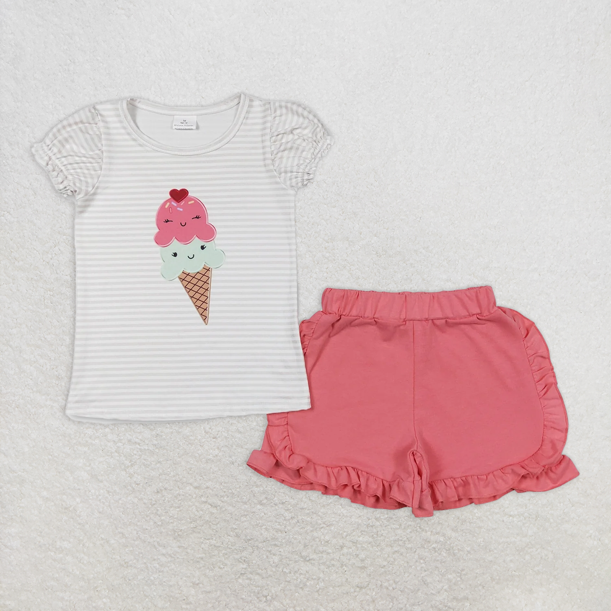 6.21 GSSO0579 RTS NO MOQ Baby Girls Summer Outfits Ice cream striped short-sleeved rose red shorts suit