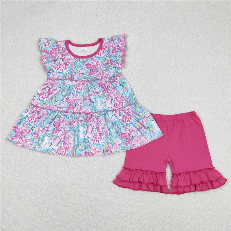 Girls Tie Dye Flutter Sleeve Tunic Shorts Summer Clothing Set Fun And Flirty Kids' Outfit with Elastic Waist Comfort