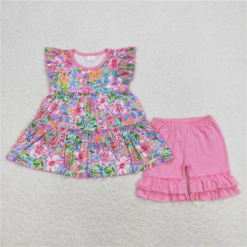 Girls Tie Dye Flutter Sleeve Tunic Shorts Summer Clothing Set Fun And Flirty Kids' Outfit with Elastic Waist Comfort