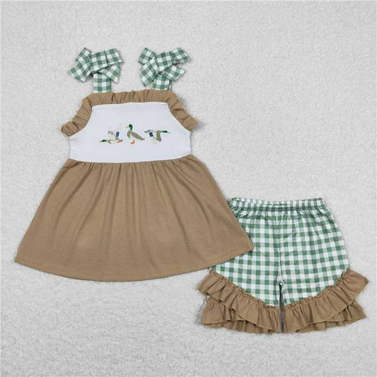 4.12 GSSO0653 RTS NO MOQ Plaid straps duck tunic ruffle shorts girls outfits