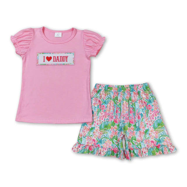 RTS Sibling I love dad pink top plaid shorts girls clothing set