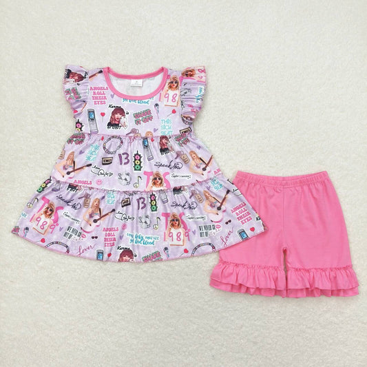 GSSO0676 Kids Girls summer clothes short sleeve top with shorts set