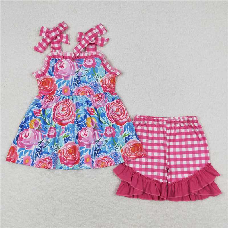 6.30  RTS NO MOQ Plaid straps tunic ruffle shorts girls summer outfits dress rompers