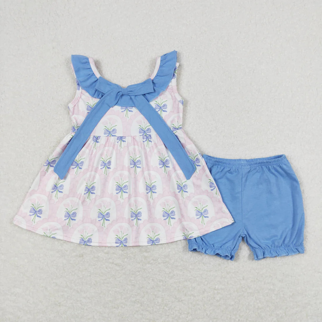 11.10 RTS Sibling Baby Girls Sleeveless Floral Print Bow Tunic Ruffle Shorts Clothes Sets