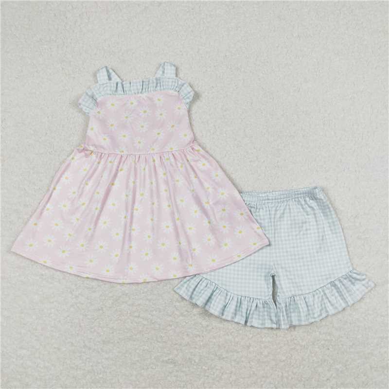 7.03 RTS NO MOQ Straps daisy tunic ruffle shorts girls summer clothes dress rompers