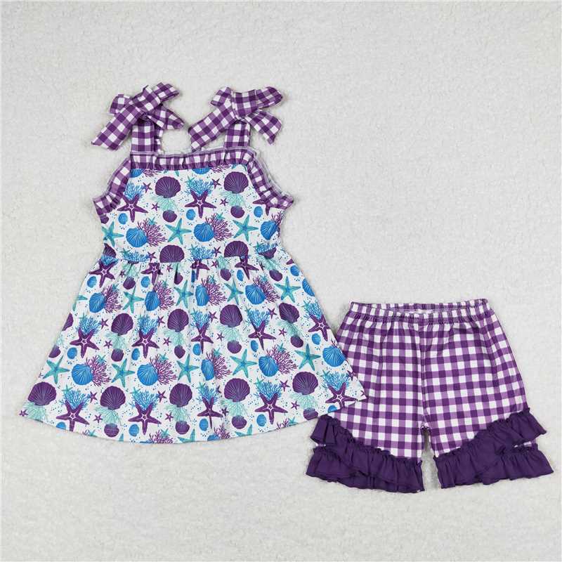 8.25 RTS NO MOQ Purple straps starfish tunic shorts sea girls summer clothes dress rompers