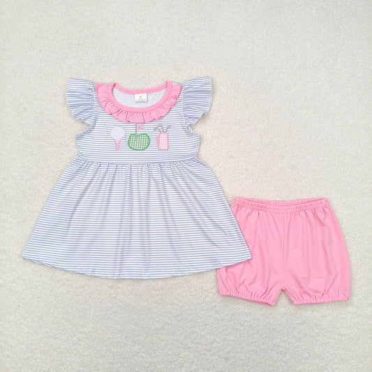 4.22 GSSO0767  RTS NO MOQ Flutter sleeves stripe golf tunic pink shorts girls clothes