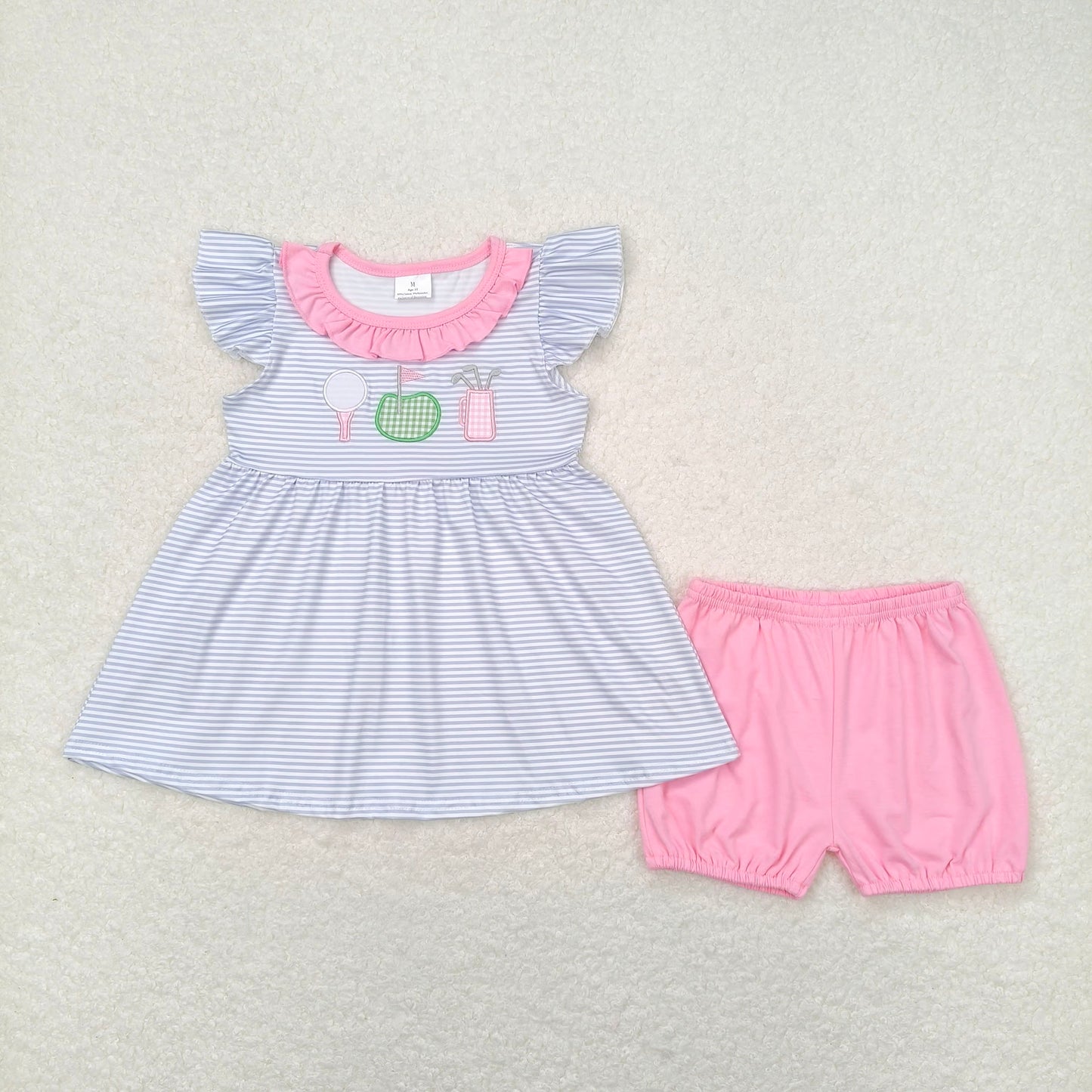 7.14  RTS NO MOQ Flutter sleeves stripe golf tunic pink shorts girls and boys clothes