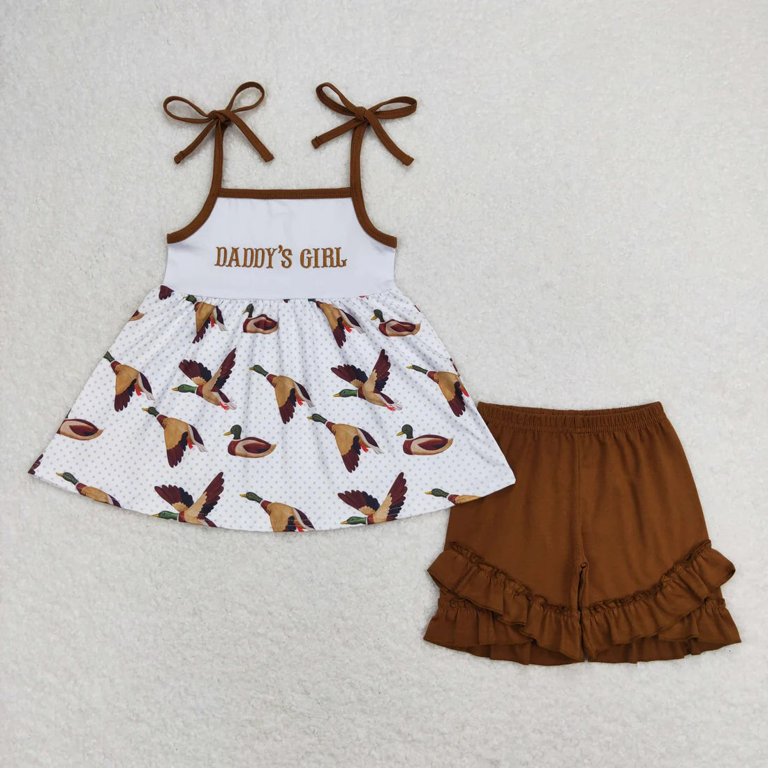 10.4 RTS Sibling Baby Girls Embroidery I Love Dad Top Ruffle Shorts Clothes Set