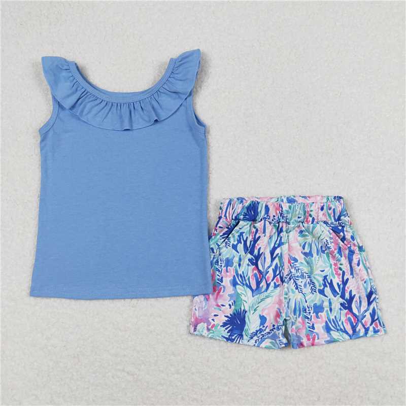 7.19 RTS NO MOQ Blue cotton top watercolor pocket shorts girls outfits dress