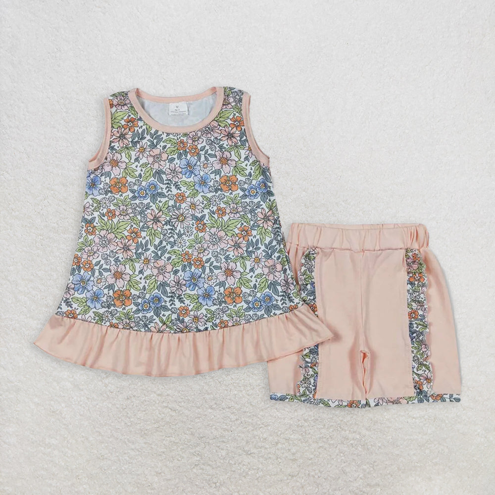 8.15 RTS Sibling Baby Girls Summer Outfits Sleeveless seaweed ruffle top shorts girls clothing set