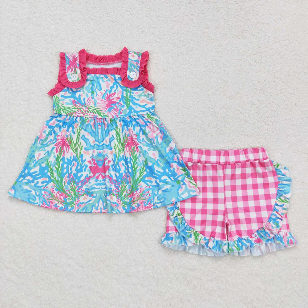 12.20 RTS Sibling Baby Girls Water Flowers Straps Rompers Outfits Sets