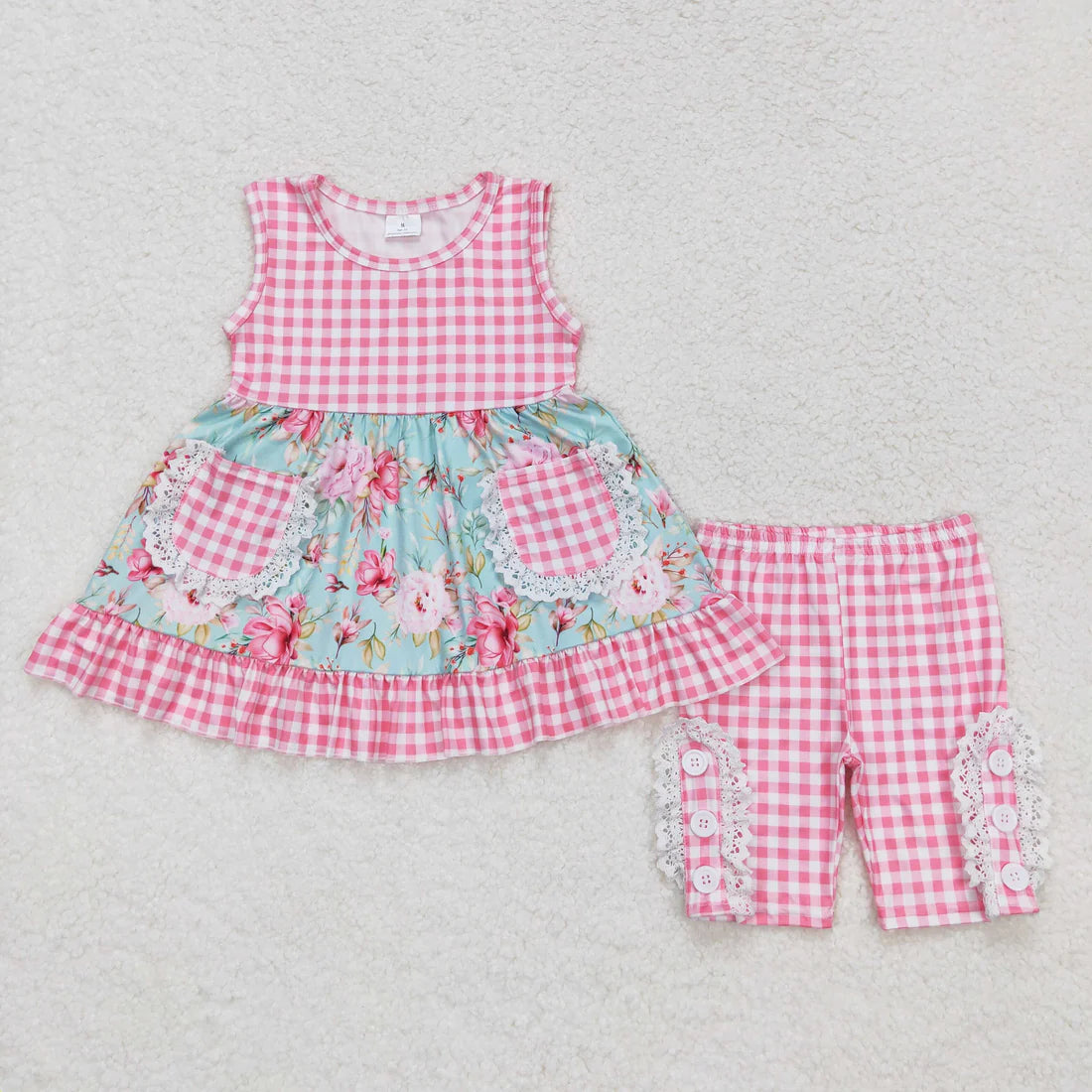 11.10 RTS Sibling Baby Girls Checkered Floral Tunic Top Ruffle Middle Length Shorts Clothes Sets
