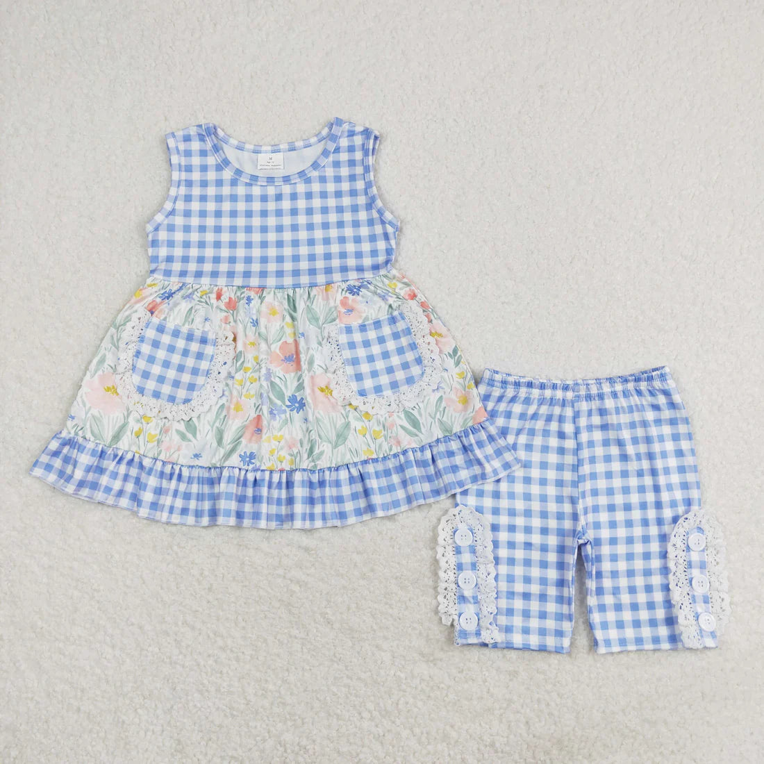 11.10 RTS Sibling Baby Girls Checkered Floral Tunic Top Ruffle Middle Length Shorts Clothes Sets