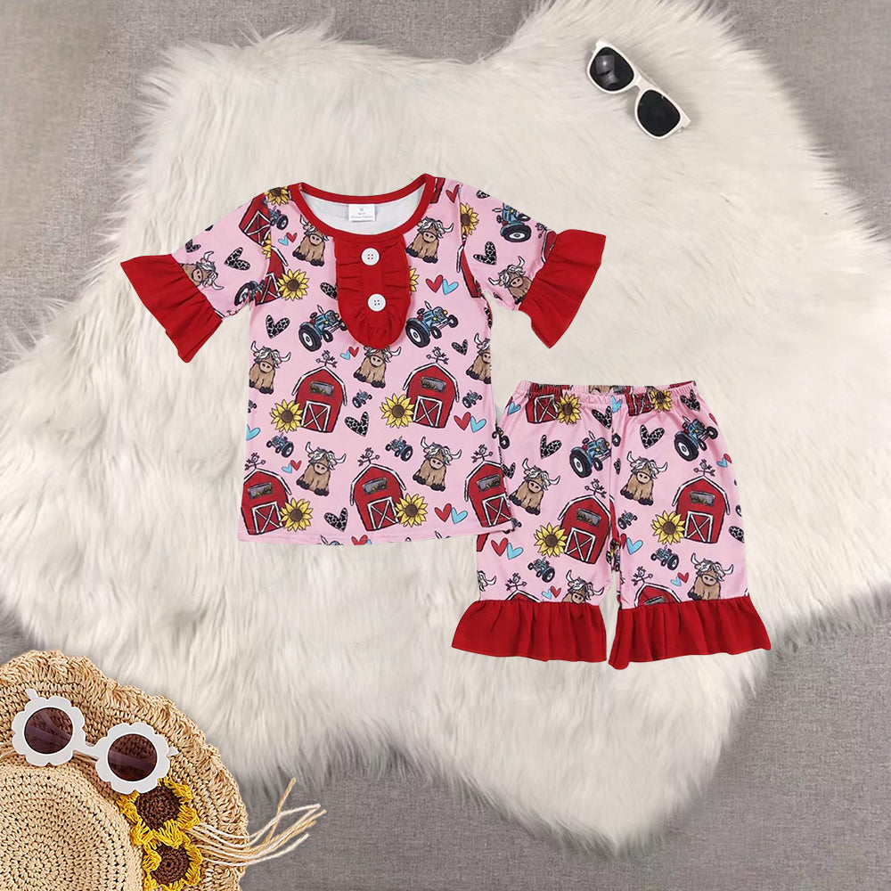 RTS Sibling Baby Girls Short sleeves cows sunflower farm girls summer pajamas