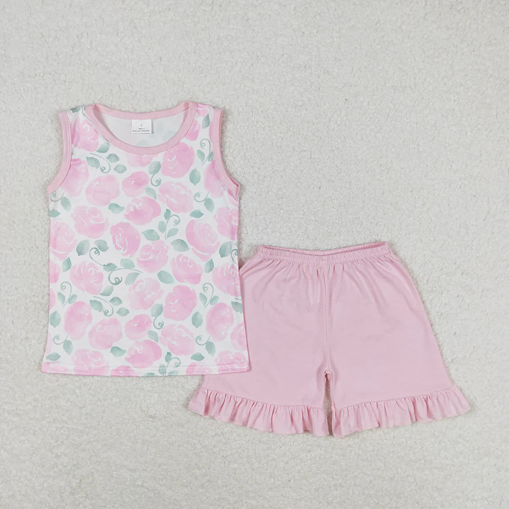 12.23 RTS Sibling Baby Girls Pink Flowers Dresses Summer Outfits Sets