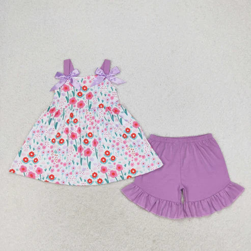 11.8 RTS Sibling Baby Girls Pink Tulip Flowers Bows Tunic Shorts Clothes Sets Rompers