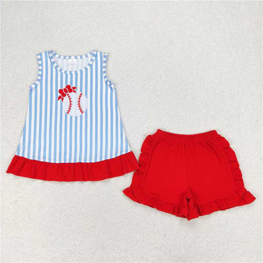 5.16  GSSO1019 RTS NO MOQ Stripe baseball bow top ruffle shorts girls clothes