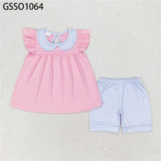 GSSO1064 New Rts No Moq 8-9 Days By Air Arrived it Pink flutter sleeves tunic stripe shorts girls summer outfits