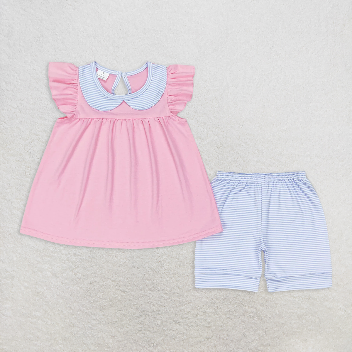 8.25 RTS NO MOQ Baby Girls Summer Outfits Green striped doll collar blue flying sleeve shorts suit
