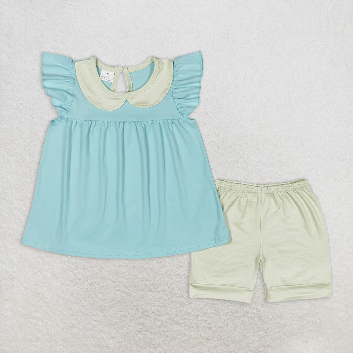 8.25 RTS NO MOQ Baby Girls Summer Outfits Green striped doll collar blue flying sleeve shorts suit