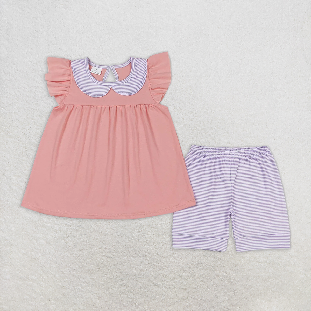 8.25 RTS NO MOQ Baby Girls Summer Outfits Green striped doll collar blue flying sleeve shorts suit