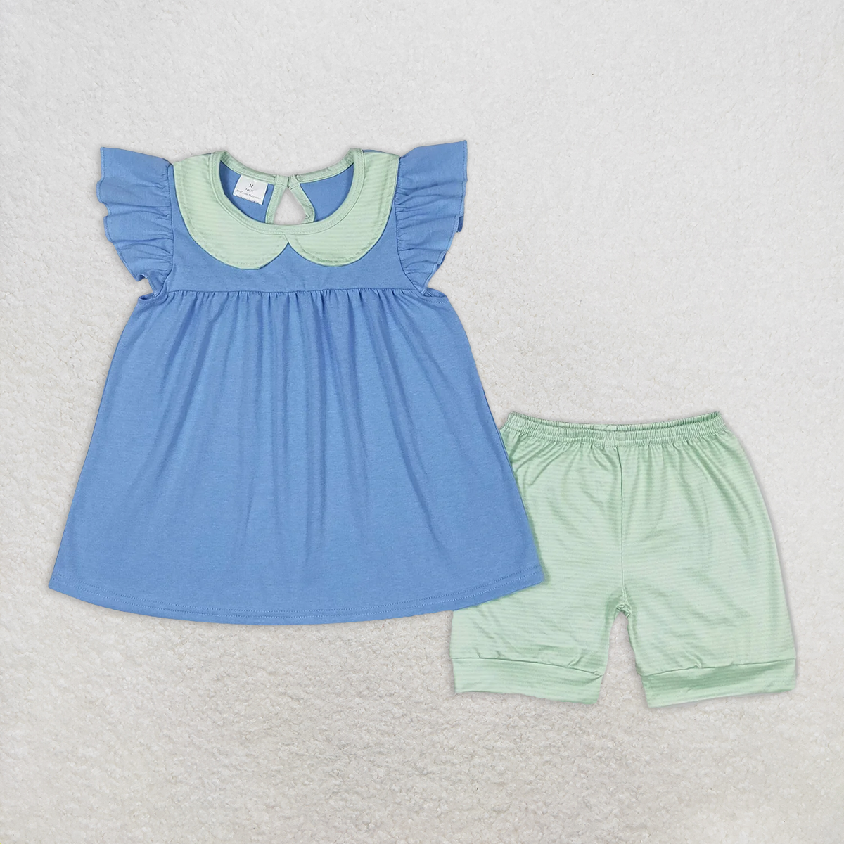 8.25 RTS NO MOQ Baby Girls Summer Outfits Green striped doll collar blue flying sleeve shorts suit