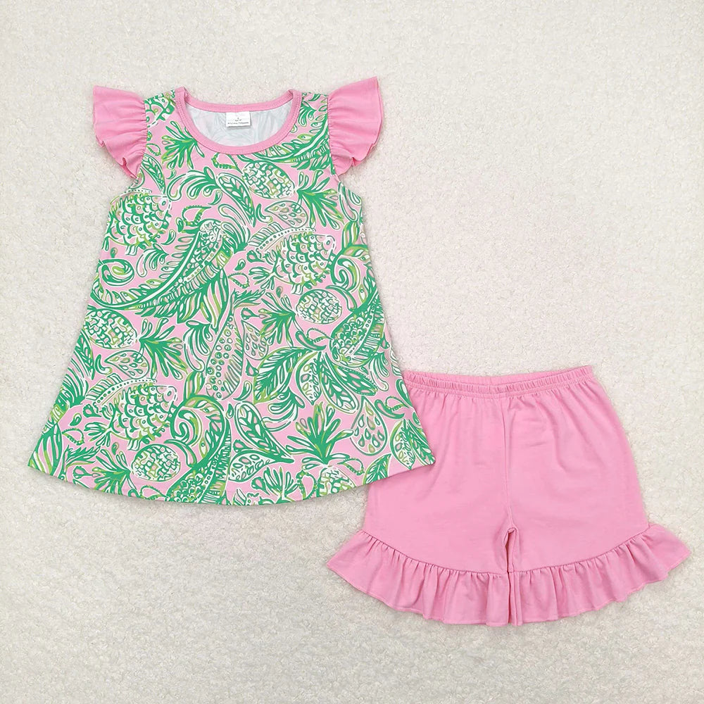11.29 RTS Sibling Baby Girls Sea Flowers Tunic Ruffle Shorts Outfits
