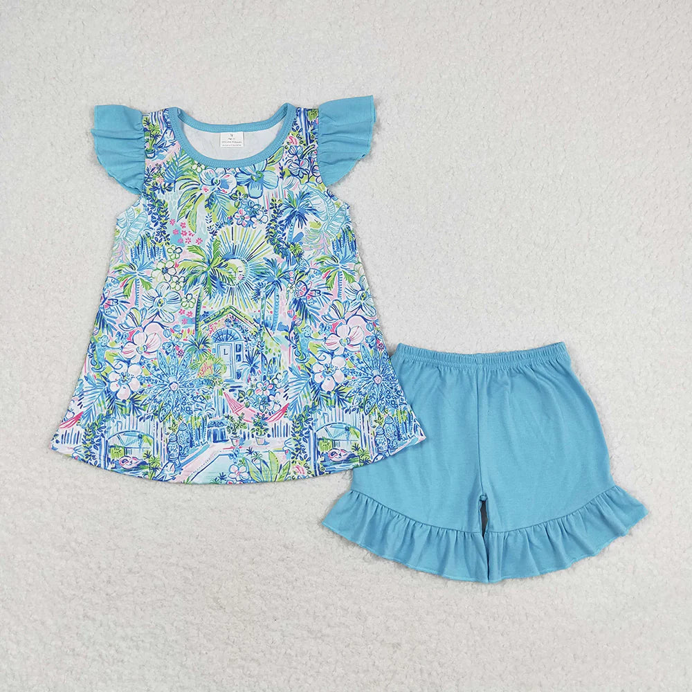 11.29 RTS Sibling Baby Girls Sea Flowers Tunic Ruffle Shorts Outfits