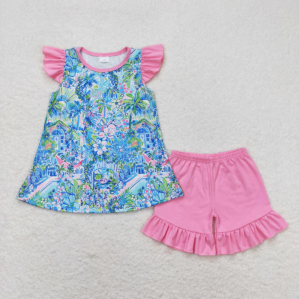 11.29 RTS Sibling Baby Girls Sea Flowers Tunic Ruffle Shorts Outfits