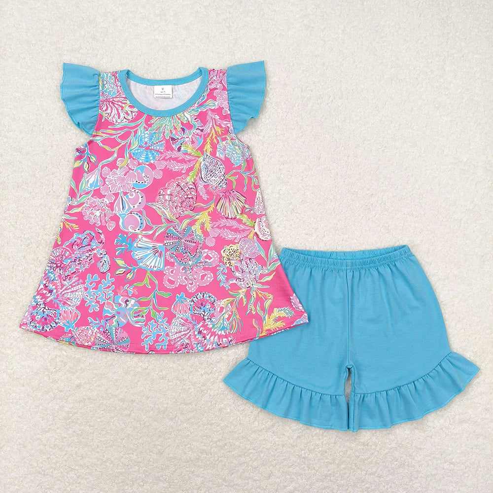 11.29 RTS Sibling Baby Girls Sea Flowers Tunic Ruffle Shorts Outfits
