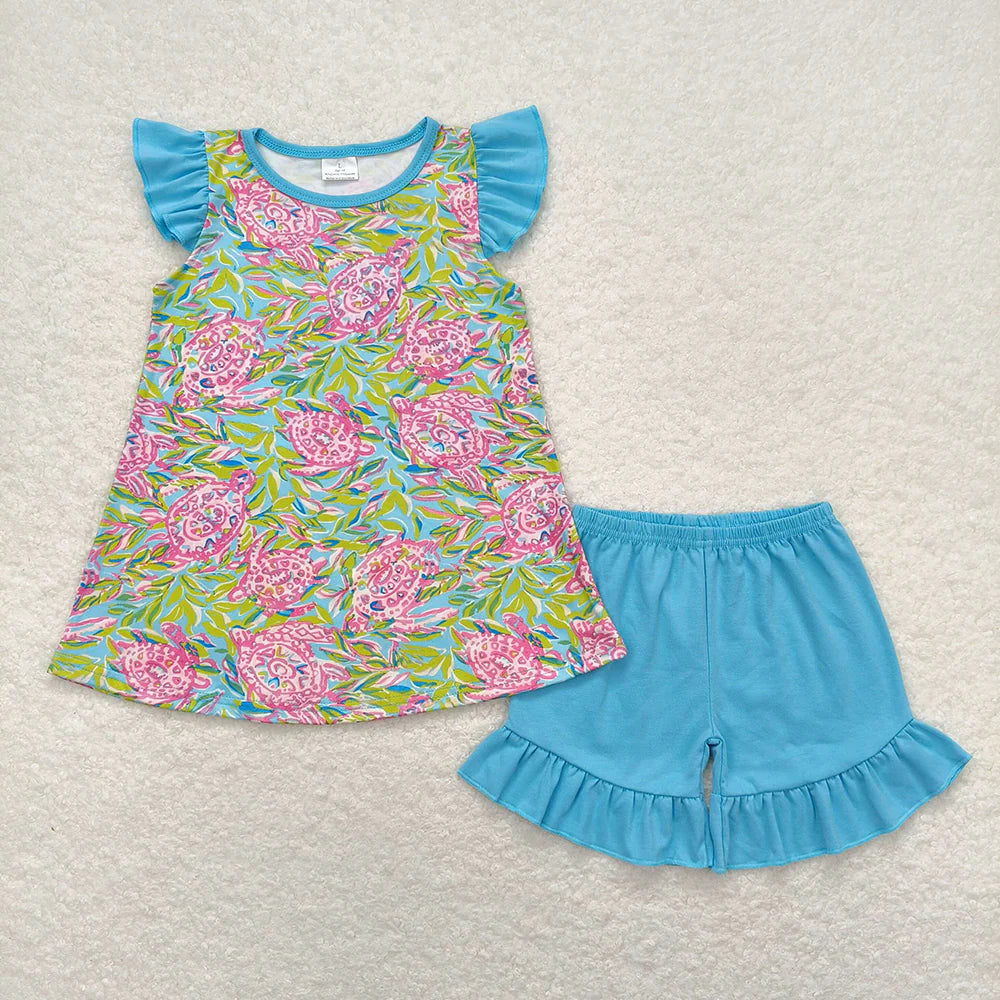 11.29 RTS Sibling Baby Girls Sea Flowers Tunic Ruffle Shorts Outfits