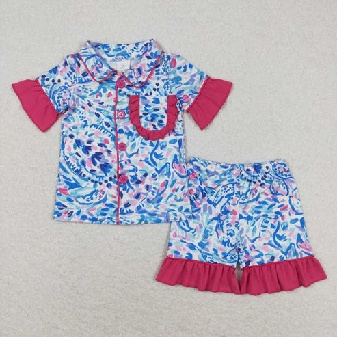 10.14 RTS Sibling Baby Girls Water Paisley Ruffle Shirt Shorts Pajamas Clothes Sets