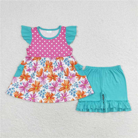 GSSO1100Girls Floral Tunic Shorts Summer Outfits with Flutter Sleeves Children's Clothing Set