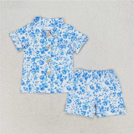 GSSO1120Blue floral short sleeves girls button down pajamas