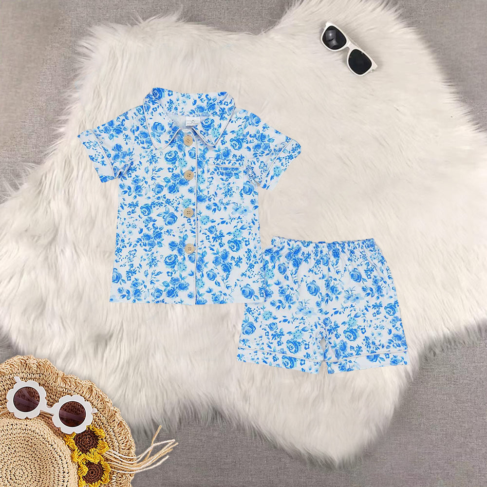 RTS Sibling Baby Girls Blue cactus pocket top short girls summer pajamas
