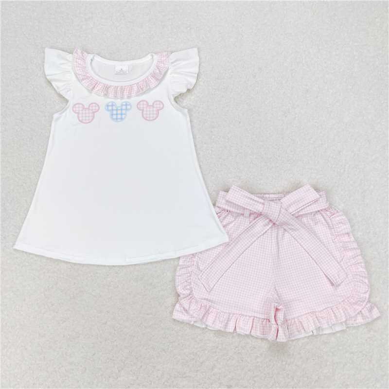 4.12 GSSO1136 RTS NO MOQ White flutter sleeves mouse top pink plaid shorts girls clothes