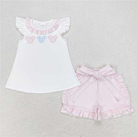 4.12 GSSO1136 RTS NO MOQ White flutter sleeves mouse top pink plaid shorts girls clothes