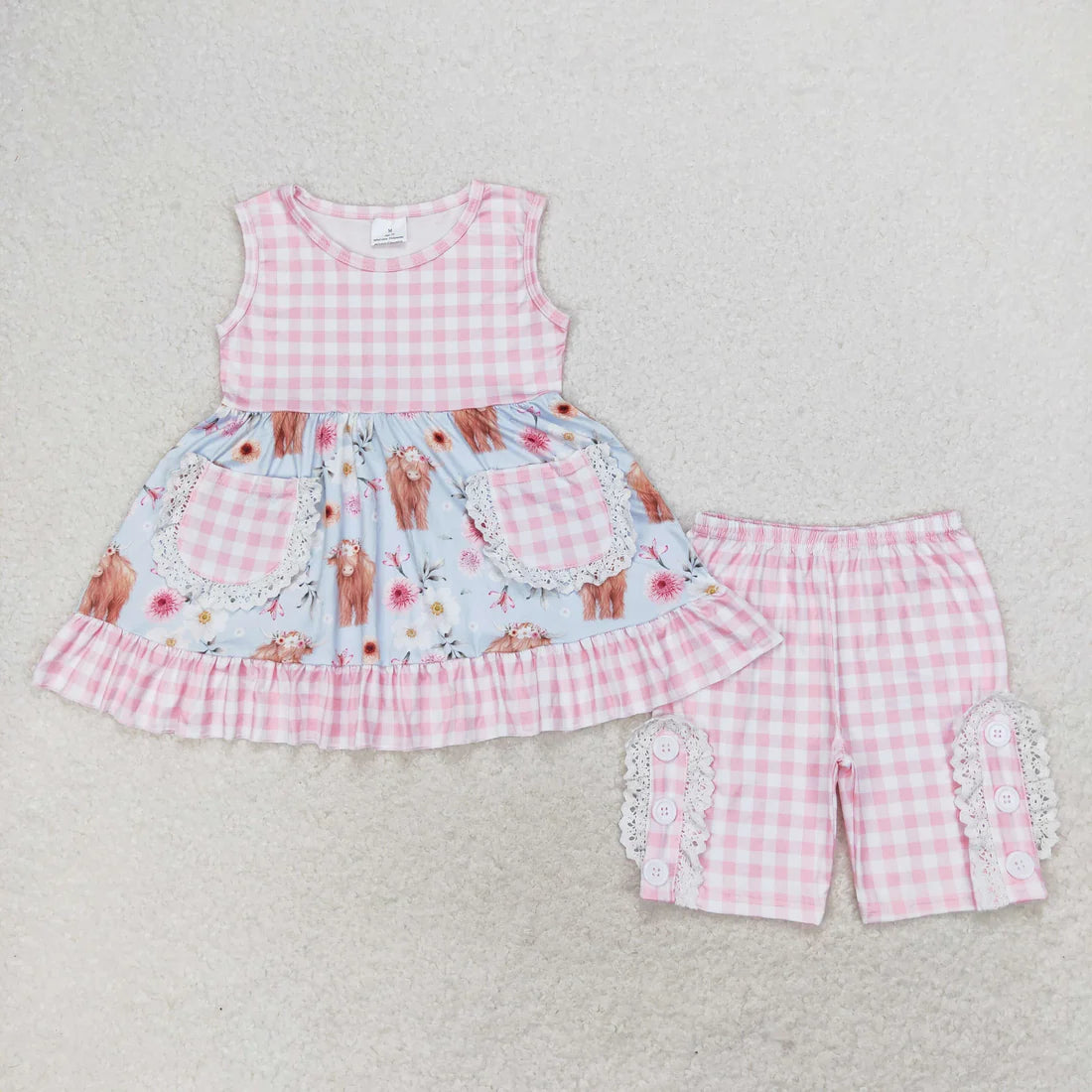 11.10 RTS Sibling Baby Girls Checkered Floral Tunic Top Ruffle Middle Length Shorts Clothes Sets